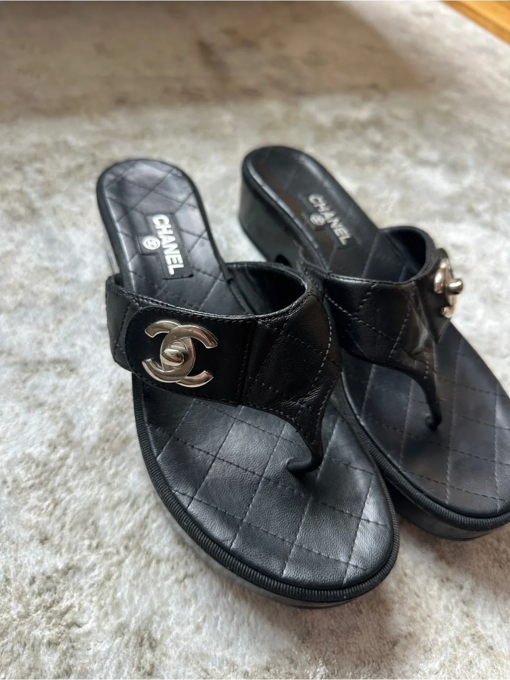 Chanel Black Quilted Leather CC Thong Sandals – Size 38.5